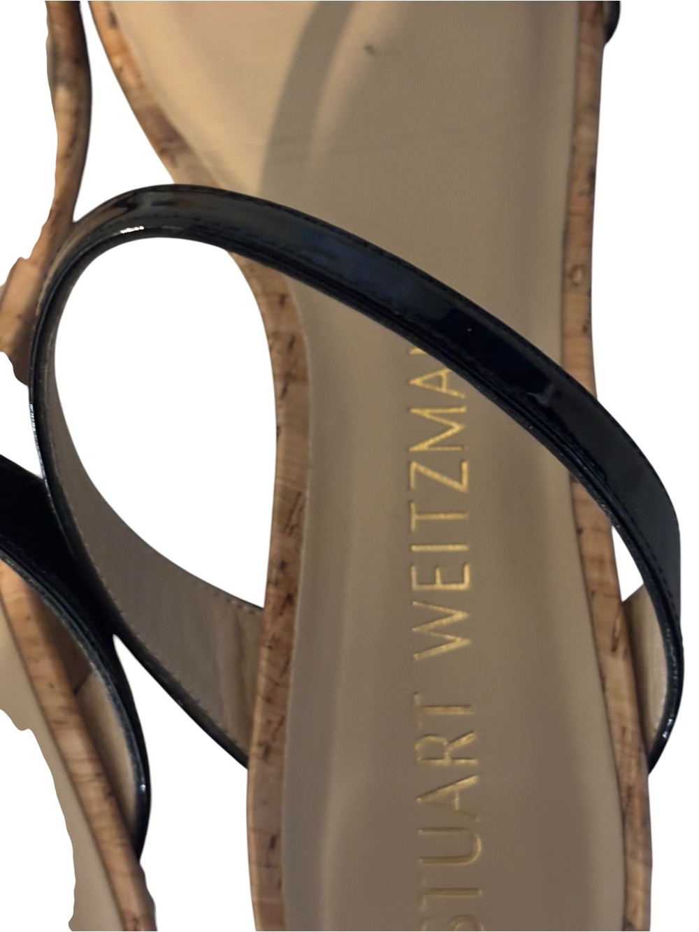 Stuart Weitzman Black Patent Double-Strap Cork Wedge Sandals Women’s Size 8 - Picture 5 of 8